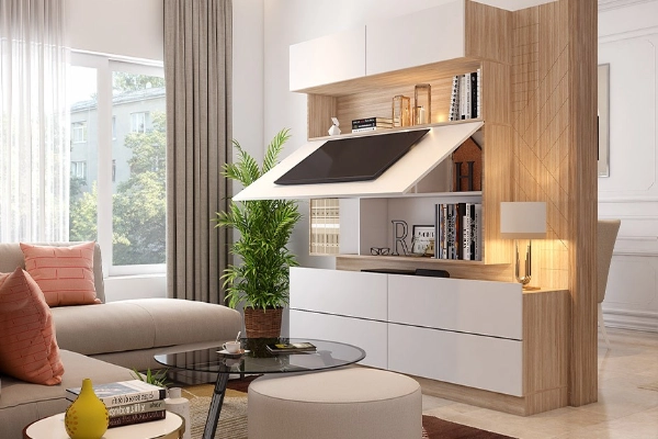 TV unit me hidden dresser aur kaafi storage options hain