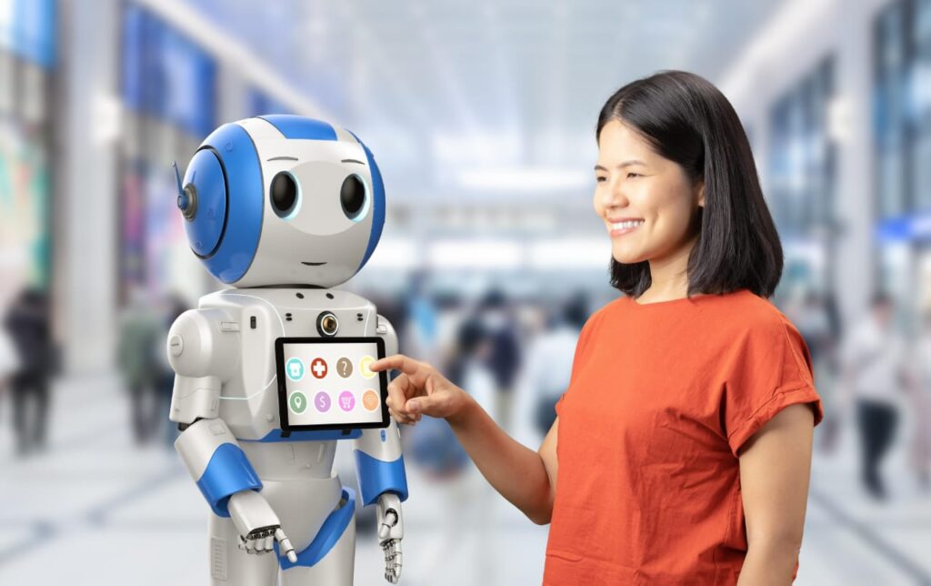 Artificial Intelligence robot helping students learn future digital skills.